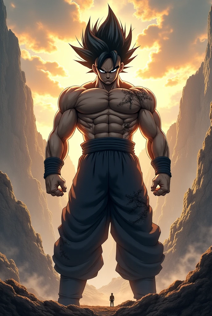Goku in a black combat suit and a red headband and has a smile and has combat pants and is fighting with Frieza