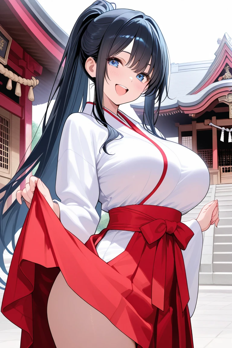 good quality, best quality, highres, absurdres, 8k, 4K, masterpiece, Girl in Japanese shrine maiden outfit, (Hime cut), (super long black hair),(((straight bangs, blunt bangs))),(White headband), blue eyes, super long black hair, hair ornament, ribbon, smile, Showing her breasts, (Huge breasts:1.6), Cleavage, White kimono, Shoulder-exposing sleeves, open-chested costume, Short skirt, Red Skirt, (upskirt), cameltoe,