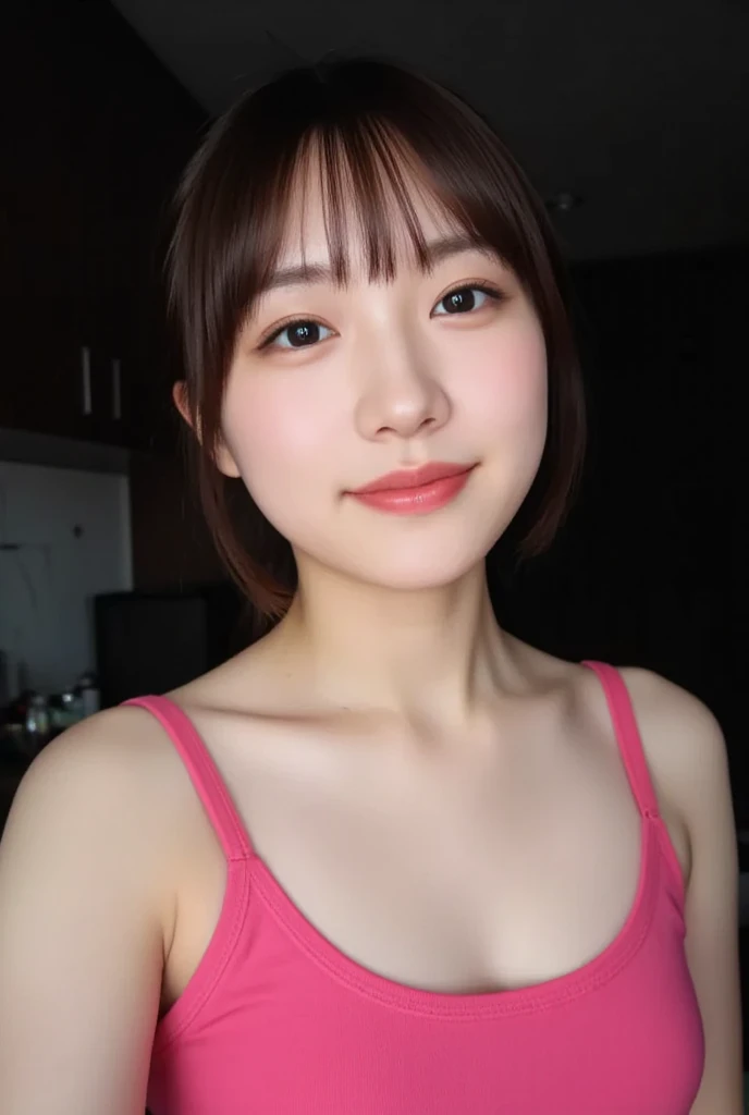 ((Best picture quality, 8K, tmasterpiece:1.3)), 1girll, Beautiful woman with slender abs:1.3, (Casual hairstyle, :1.2), Pink low-cut bra,Super large,The skin is very white,Ultra-fine face, A detailed eye, 二重まぶた,ssmile。Take pictures in cute poses,The figure is very bad,tiny small waist,Super big breasts,Close-up,Close-up chest,White-skinned,The background is casual,Close-up Shot Shot