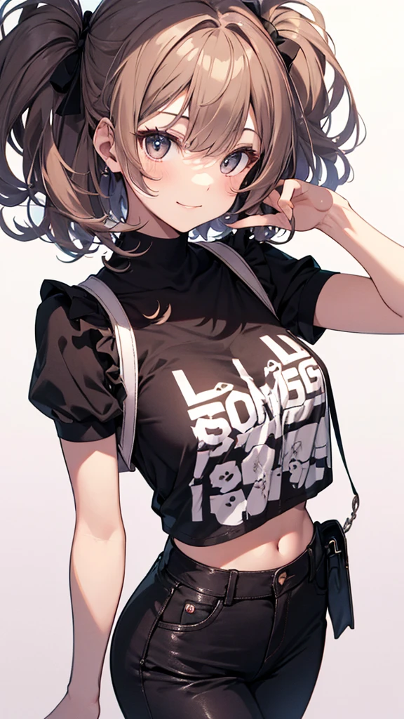 a woman with short brown hair, eyes browns, the clothes are peto shorts, white shirt, a black jacket