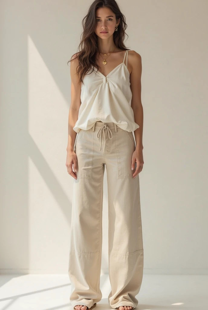 With linen palazzo pants and cropped top with links