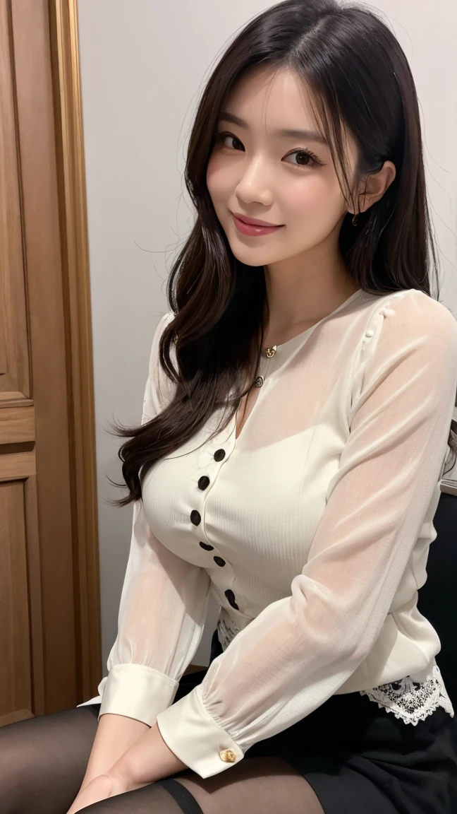 (master piece:1.2), (8K High Resolution), (Highest quality),((Best portraits, Professional photographer photography)) , Shiny skin, Highly refined muscles, Realistic skin detail, (Ultra-detailed), (Black straight long hair), ((3/4 Length)), Only one girl, Beautiful details, Beautiful detailsの鼻, Highly refined muscles), (double eyelid), (Reality:1.4), (Adult woman at 30 years old),, slender , ((Office lady in a shirt blouse showing her belly button:1.2)) ,((Photo taken in a clean office)),long hair length,Very beautiful legs、(((Smiling at the audience))、((Wearing a micro skirt))、(Standing in the middle of the picture), (I have a mole on my breast), (The bra is visible), (Small Boobs, You can see the cleavage of the), lipstick, Earrings, (Standing pose like a model), (Shooting at close range)