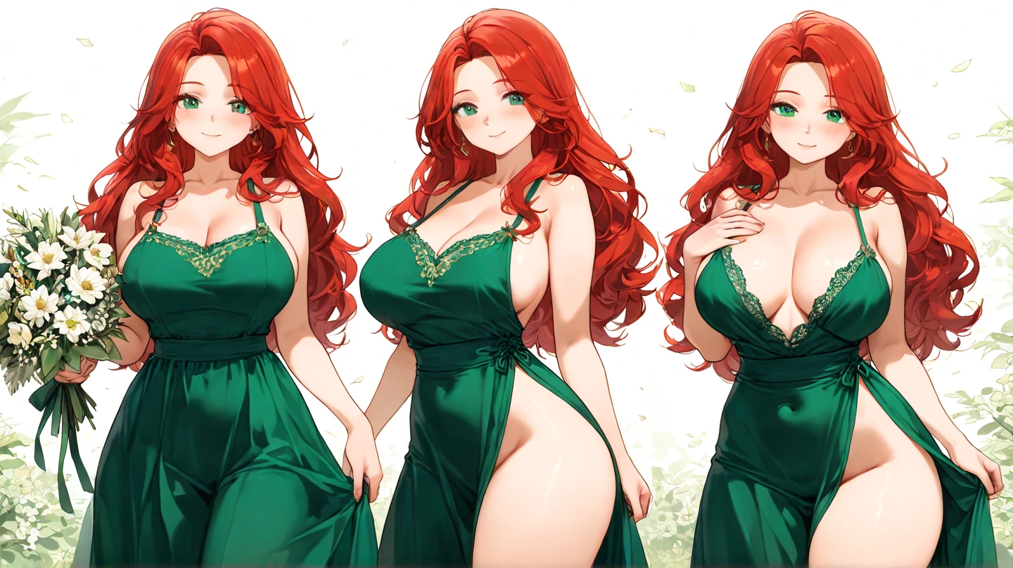 uzumaki_kushina, large_breasts, standing, solo, kushina_green_dress, navel, cleavage, obscene, sucking fingers,masterpiece, best quality, detailed face, detailed eyes, highres, smile, (masterpiece:1.4, best quality:1.2), (Highres), (Detailed Illustration), Ultra-Detailed, konohagakure, uzumaki_kushina, kushina_green_dress, standing straight, looking in front,