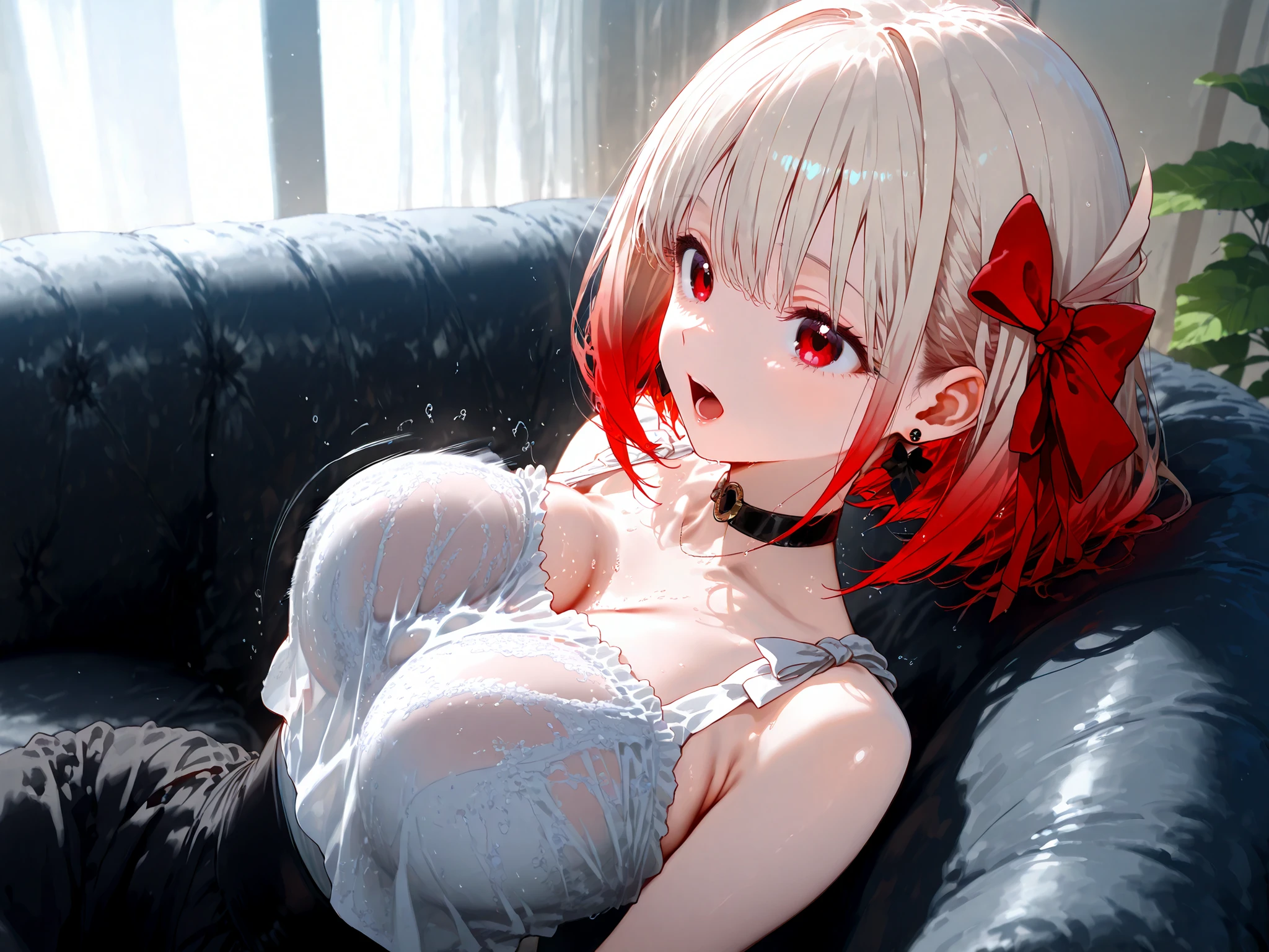score_9, score_8_up, score_7_up,Ray tracing 1), (Shine, Shine skin), (masterpiece, 最high quality, high quality, masterpiece, 8k, high quality, Detailed Art、thin waist 、 beautiful feet、pretty eyes)、 Kinki Chizu、gradient hair、short bob、red hair bow、Outward curled hair、platinum blonde、earrings、Big Breasts、bouncing chest、choker、see through、goth fashion、Open your mouth and laugh、living room