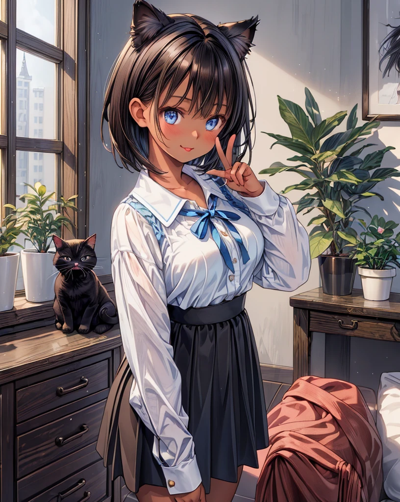 1girll,Cat lady,short skirt,Black stockings,whaite hair,Red eyes,inns,