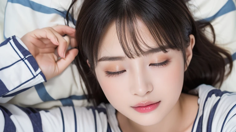 Highest quality, Very detailed, finely, High resolution, 8k wallpaper, Perfect dynamic composition, Beautiful and exquisite,ランダムなcute髪,,Natural color lip,20-year-old girl、cute、Perfect and beautiful face,Slim face and figure,Big eyes、Gal Makeup,Small face,Elegant feminine face、Randomly change the shooting angle and position、From above下へ々Shoot from the right angle and direction、Sexy Face、pink bra and pantie,(Lying in bed), (Frowning), (Close ~ eyes), (Turn your face to the side), From above.One Woman