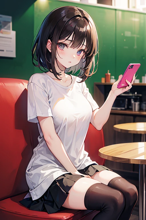 high quality, 最high quality、 Stylish design, (((The cutest girl))), ((Thin legs))、(((最high quality))), High resolution, ((detailed)), ((masterpiece)), ((Super detailed)), 17-year-old girl,(8th life),(camisole、mini skirt),((Black Hair,Inner Color)),((comics(Jump)Reading))