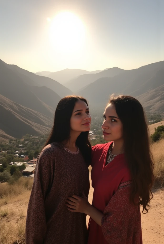 Albanian, Brunette, wavy hair, blue eyes, Armani outfit, 40DD, gothic choker, hands down, Albanian mountains background, perfect smile, Canon 1DX, panoramic view, Sun gazing, with best friend, with friend, hugging