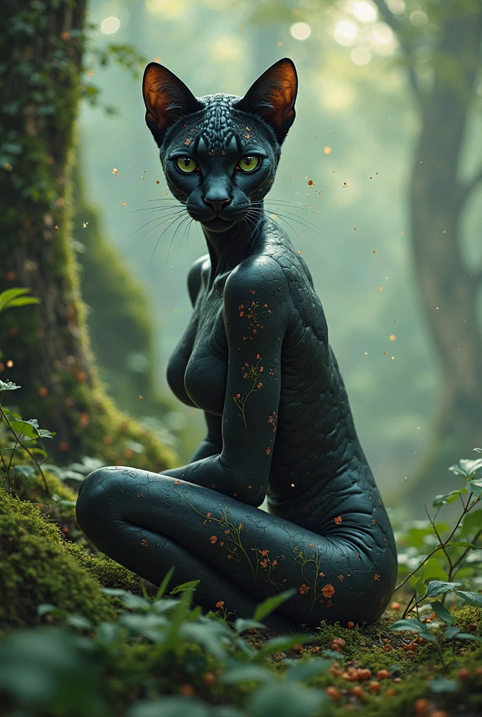 Show me a picture of a night witch, of the Moon, from the shadows, green, Cyan call of the sign Aquarius, vegetarian,sus colores favoritos son el azul y el green pero sobre todo el viridian y es una pantera de ojos green neón del Amazonas. 
without hat. He loves hallucinogenic mushrooms. 