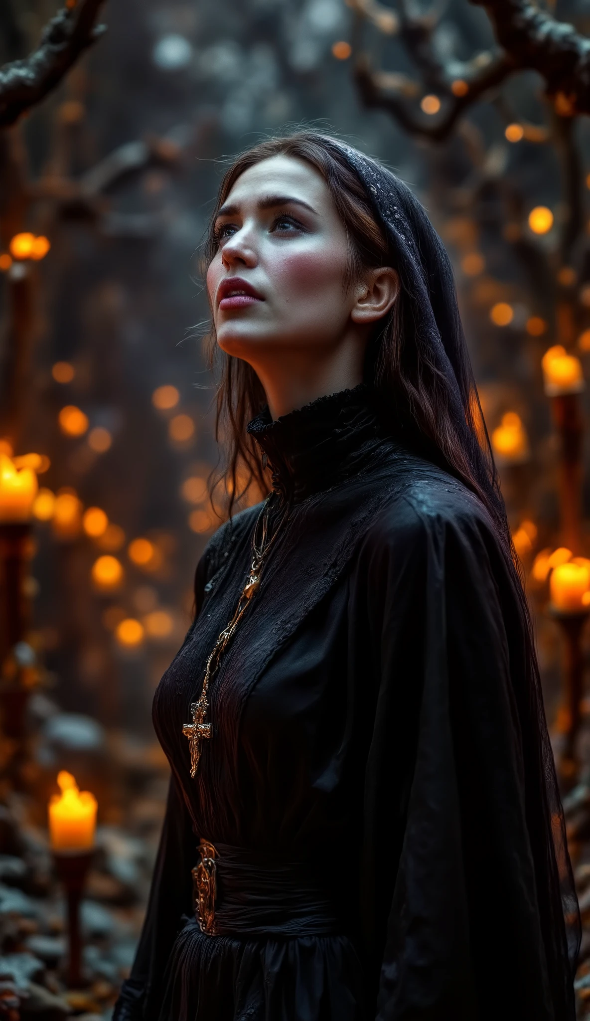 Epic realistic portrait, Kodak Black and white photography, 25 years old scantily clad sexy crying nun looking up into heaven with jesus on the cross necklace on the chest, warmth of breath exhalation from nose and little open mouth, goose pimples, in cathedral, one leg visibly from the suit, sweaty nun wearing in the typical habitus, volumetric lights more fire torch and candles some with raising dark smoke, full body, Hasselblad X2D 100C, looking into the lens, in the night and dark corridor, focus f=1.2, more bokeh, distance=25 ft, epic backlight, light from above to down and face. 8k nordic woman... --ar 9:16