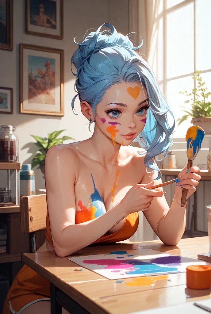 ((Quality: masterpiece, best quality, UHD, anatomically correct, photo realism, textured and detailed skin, skin pores, skin imperfections, textured and detailed hair, volumetric lighting, hyper realistic and detailed background, bright pastel colours, pink, blue, purple, orange, yellow)), whimsical and creative artist woman with a palette of vibrant colors, fashion designer woman working in a studio in front of an easel, racks of clothes in the background, unconventional clothes (hair tied up, paint splatters, overalls)