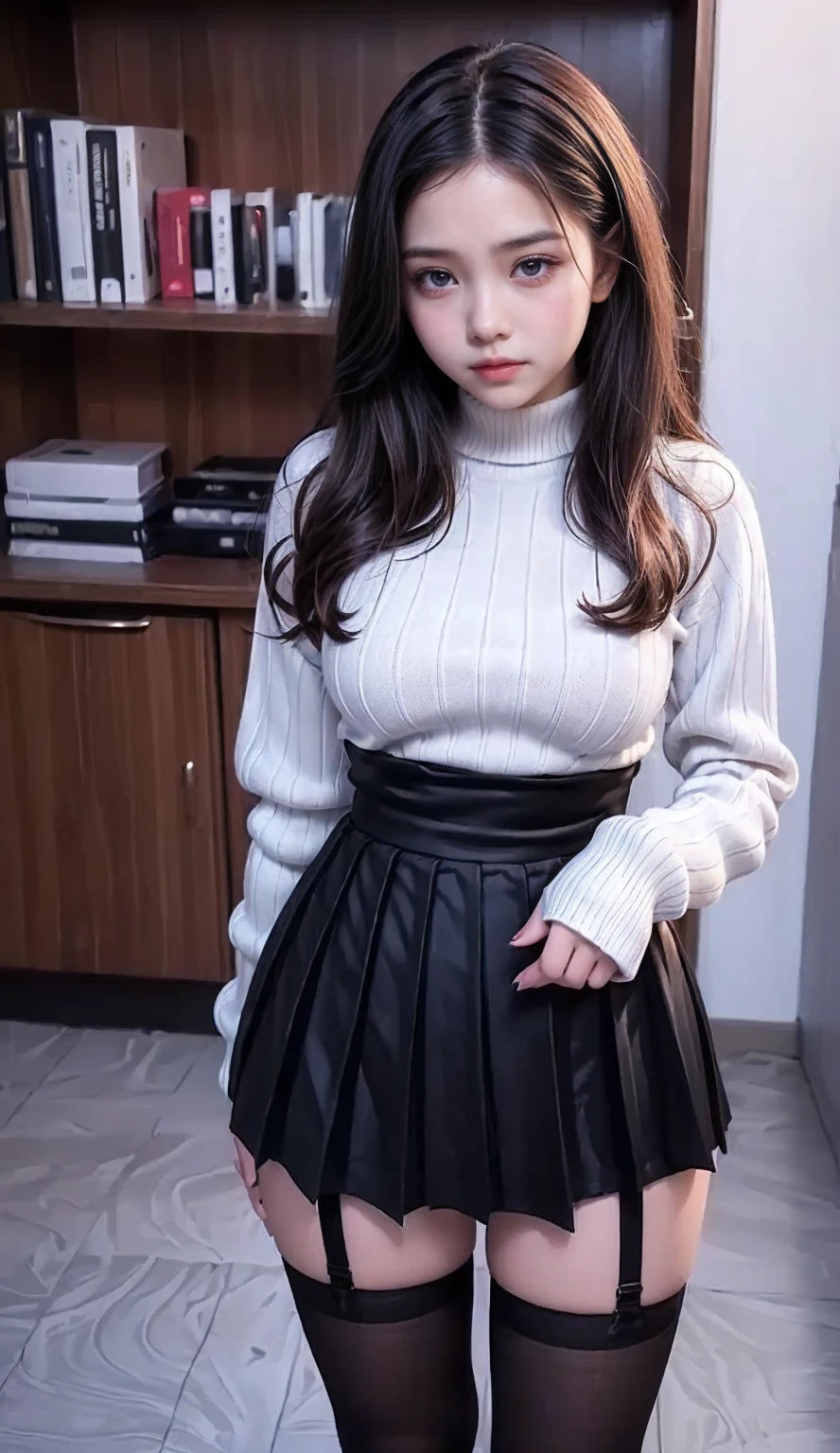 an anime style cartoon in cartoon house standing in living room near tv, ring, wedding ring, multiple girls, 2girls, mature female, jewelry, skirt, thighhighs, blush, breasts, midriff, twintails, , black hair, navel, sweater, large breasts, open mouth, mole