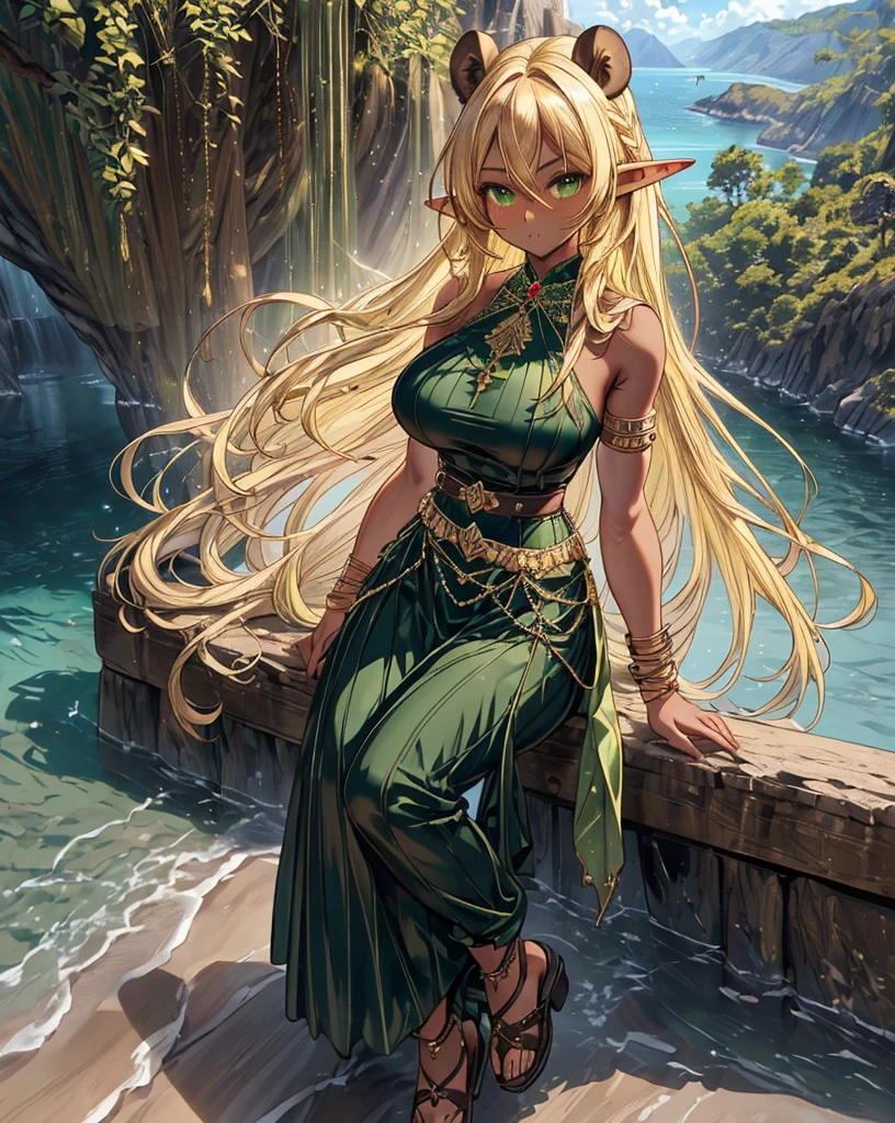 soft digital painting, cute, anime style, 1girl, woman, elf desert renegade lord villainess, patterned silk fishnets, short skirt, bombshell hair, gold hair, drill hair, muted khaki clothes, thick thighs, narrow waist, japanese,Lunar Highlands<lora:EnvyStarlightBeauty10:1>