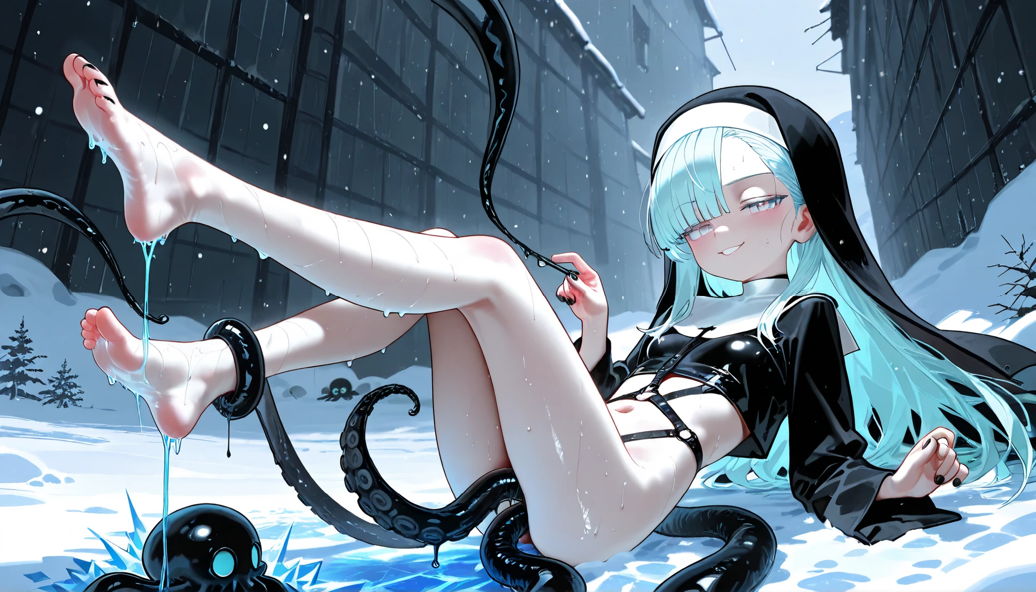 White-haired 、short hair、Squint your eyes、blush、beret、cute私服、(R18、Porn Image)、(Showing pussy)、Leg spread、barefoot、Small breasts、Sensitive、cute、Main house、Grit your teeth、(tentacle rape)、(Heterochromia of red and blue iris)、Pussy licked by tentacles