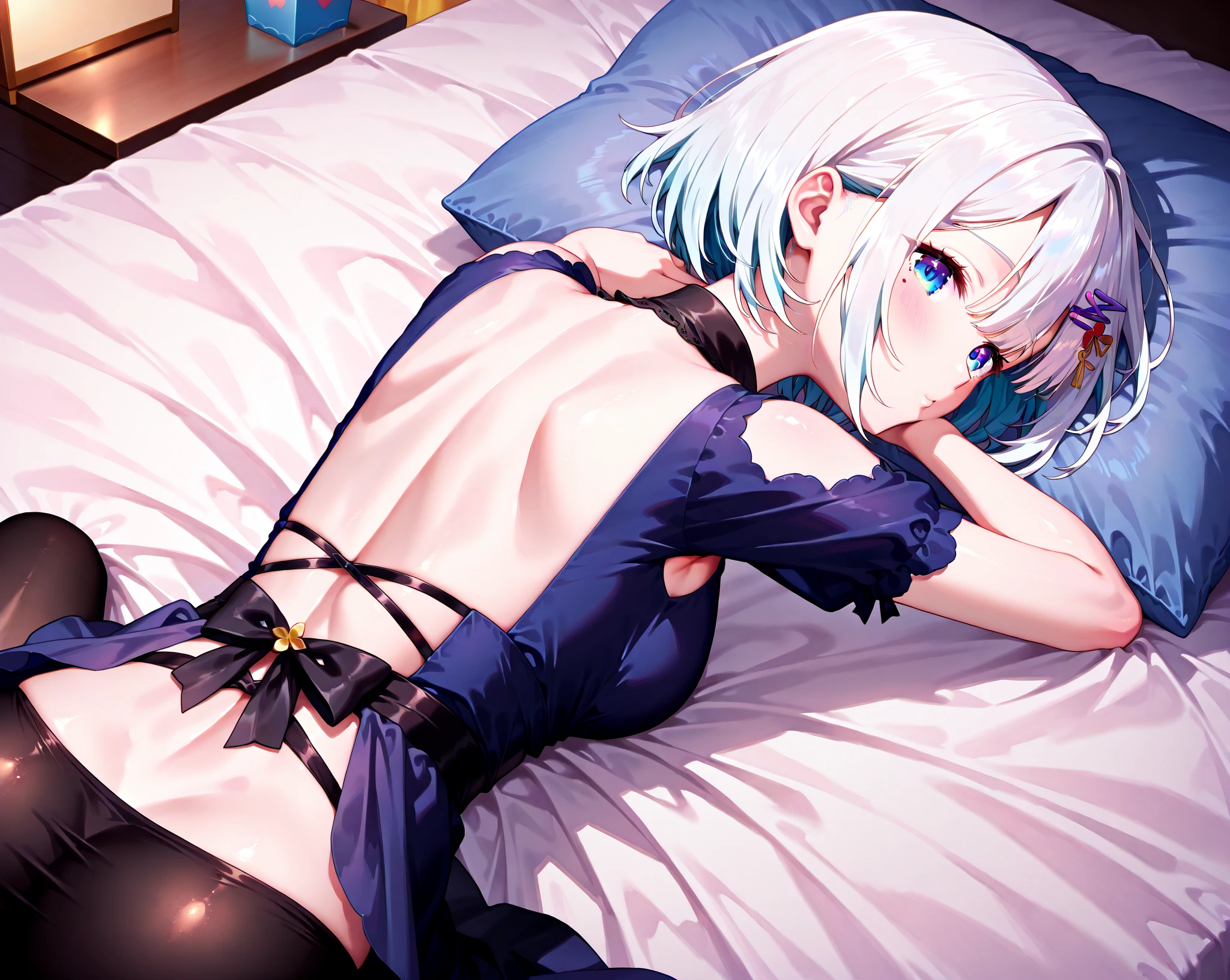 12 years old, hair bun, dressmiorine, silver hair, detached collar, halterneck, criss-cross halter, blue dress, (detailed face:1,3), (show off nipples:1.3), from back, on the bed, on body, open your mouth, through the nipples, (((No panties))), ((grab the ass)), (((pussy line))), pussy cum, (after sex:1.3), (excessive cum:1.5), open mouth,