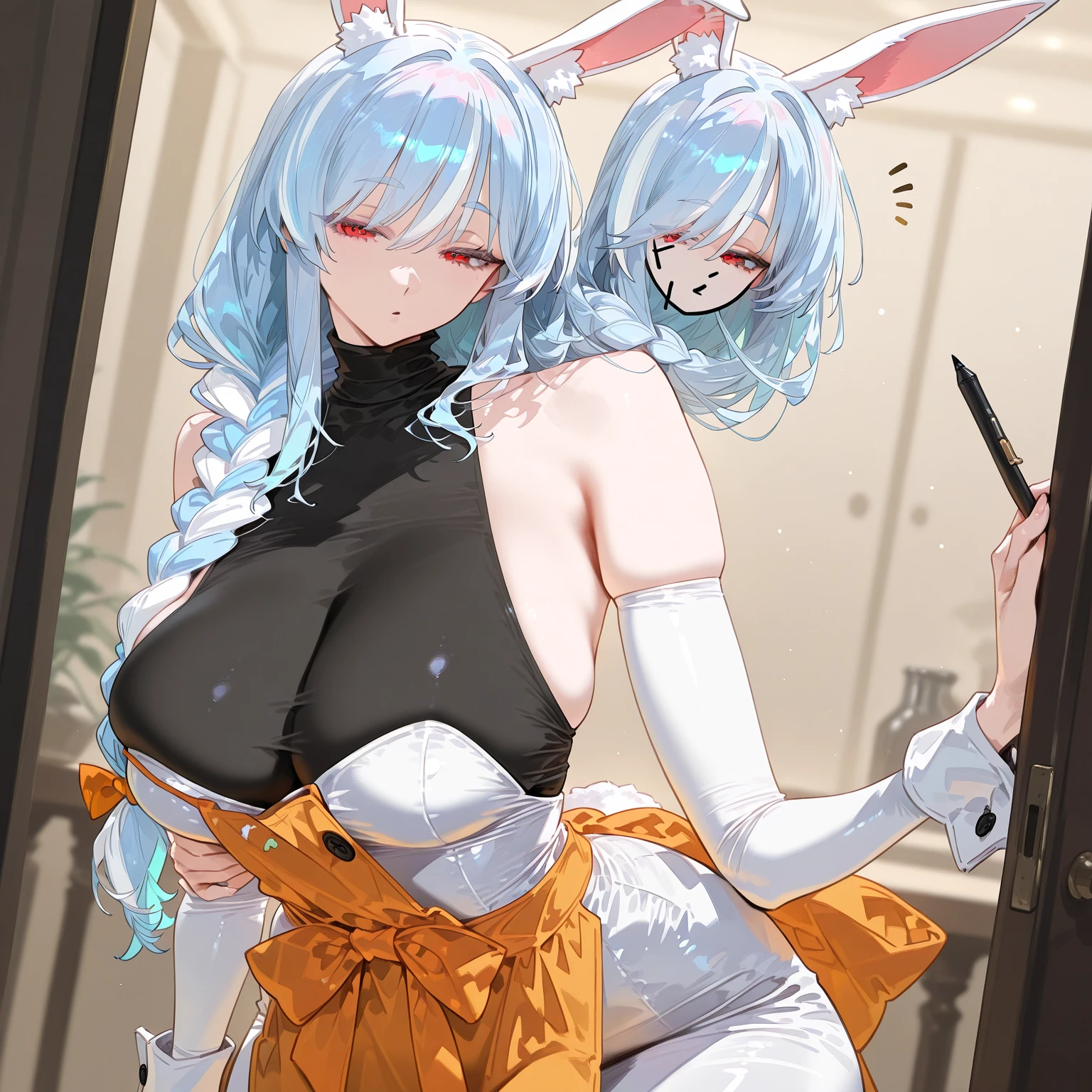 1woman, Pregnant, mature, bunny girl, black bodysuit, fishnet leggings, fishnet top, wavy dark brown hair, bunny ears, cleavage