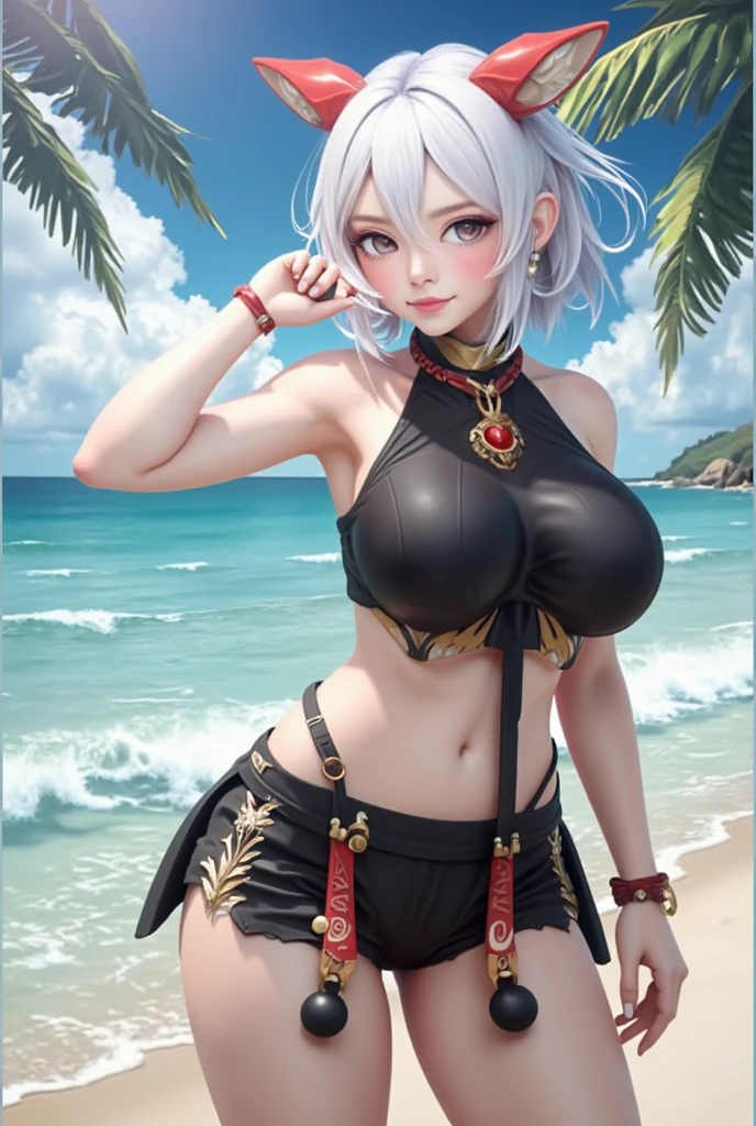 masterpiece, best quality, ultra-detailed, realistic,(1woman),beautiful detailed eyes, looking at viewer, confident pose, sweaty skin, shiny skin, black tattoo, tattoo, chest tattoo, arm tattoo, rib tattoo, breast tattoo, cleavage tattoo, neck tattoo, shoulder tattoo, huge tattoo. (Earrings, multiple ear piercings) White hair, bob cut hair. Wild West, cowboy boots, lasso, pistols, gun belt, drenched in sweat