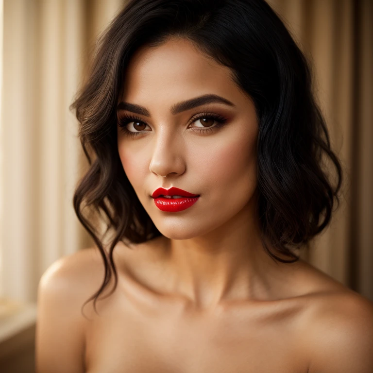 woman bathed in soft light, leaning against a wall, looking into the camera in a moment of raw emotion. Her attire is minimal, accentuating her beauty with the dramatic shadows cast by the lighting. The background is stark, with sharp contrasts highlighting the contours of her form. The red and black palette intensifies the mood, evoking a sense of mystery and allure. Subtle film grain and meticulous shading add depth and texture, emphasizing the emotional gravity of the scene. The lighting creates a chiaroscuro effect, accentuating her expressive pose and the intense atmosphere.