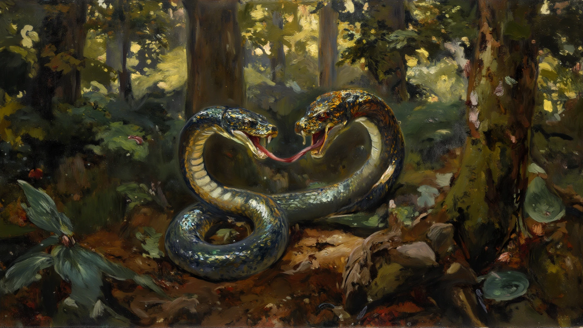 A naked woman defends herself from an attack by an anaconda in a river.
