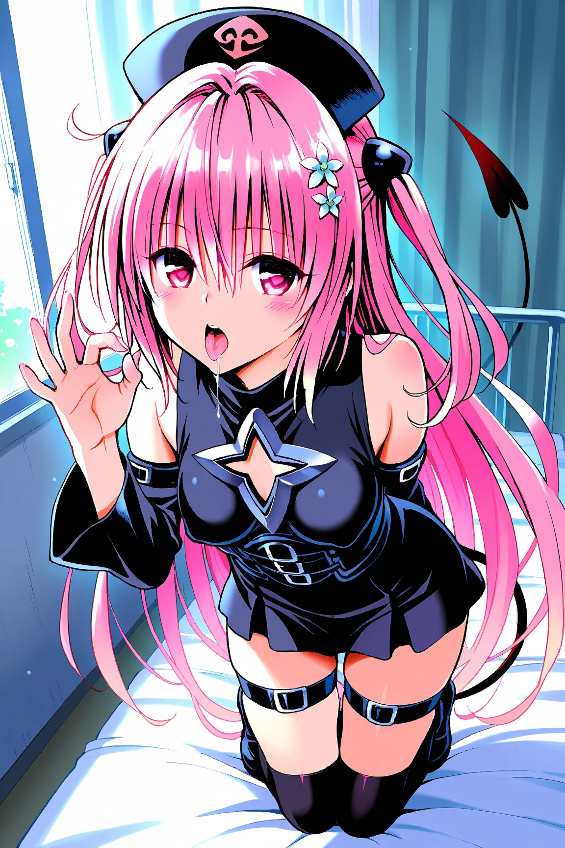 ((masterpiece)), ((best quality)), (Extremely detailed), ((Kawaii)), Lovely, (charming), ((Sexy)), ((Very detailed)), 4k, (8K), best quality, (beautiful), (Anime style:1.2), Flat Color, , rest, Dynamic poses ((National Foundation)), rest, Upper Body, level, Beautiful girl with Pink Hair,disheveled hair,long Pink Hair, Hammerhead, White pupil,The legs are very thin,Very long legs, Blue eyelashes, masterpiece, rest, 1 Girl ((20 years old)), Cyberpunk, Black bikini, The role of Mitsuri Kanji, Bangs, Dressed to perfection, Big thighs, have, Fortnite, Uterus tattoo, rest, Large Breasts, Smile, open mouth, long hair, Hammerhead, (Pink Hair, Deep blue eyes:1.2), Bright Eyes, (Perfect eyes:1.2), (Perfect iris:1.2), rest, (Cool), rest, Glittering, Super shiny body, Glittering, Cute face, Kawaii, Large Breasts, Fine hair, disheveled hair, rest, Gray background , ((Low photographic angle, Ground view)) High and tall,Thin, 8K, From surrealism, Official Art, National Foundation,pretty short skirt,Squatting,Show your buttocks