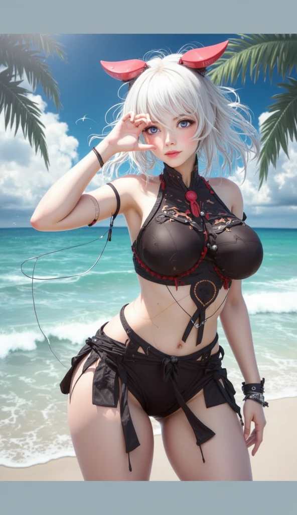 ((Best quality)), ((masterpiece)), (detailed), (perfect face), (very young woman), (((very slim and very skinny body, narrow waist))), ((small breasts)), (((white straight hair))), blushes and smiles, (((clean shaved crotch and perfect pussy))), (((red vomb-shaped crotch tattoo))), (((dressed in very thin and very narrow and ((absolutely transparent white)) and too small micro bikini with absolutely transparent and ((extremely lowered)) micro thong))), ((stands at public crowded beach)), small swollen nipples, (((swollen perfect pussy)))