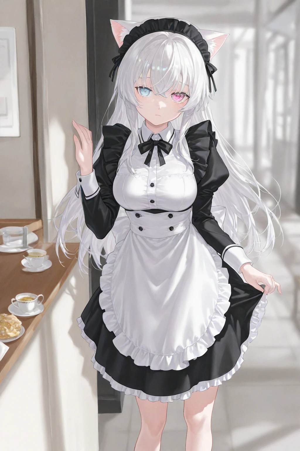 1girl in、AS-Adult、A smile、The shirt、skirt by the、(small tits)、doress、pinafore、hair adornments、White hair、(Maids)、Upper body portrait、