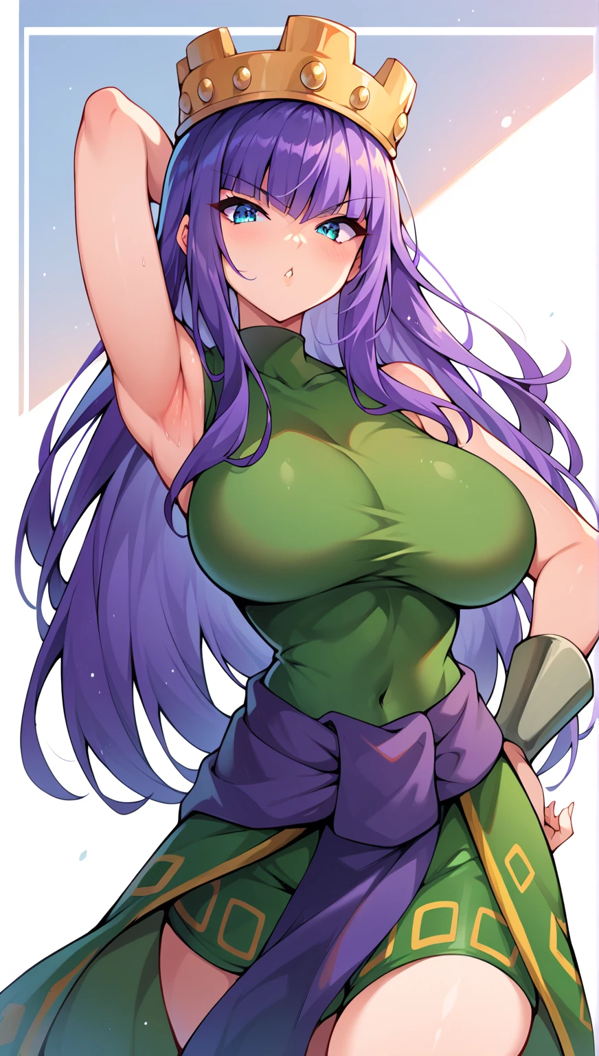 Anime girl, yuugi hoshiguma, huge yuugi hoshiguma's hairstyle, green hair, Round buson, gym suit, gorgeous plump body
