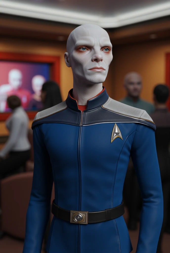 SaruST, kelpien, Saru, Alien, male focus, stoddunf uniform, white shoulders, brownish orange skin, star trek, blue eyes