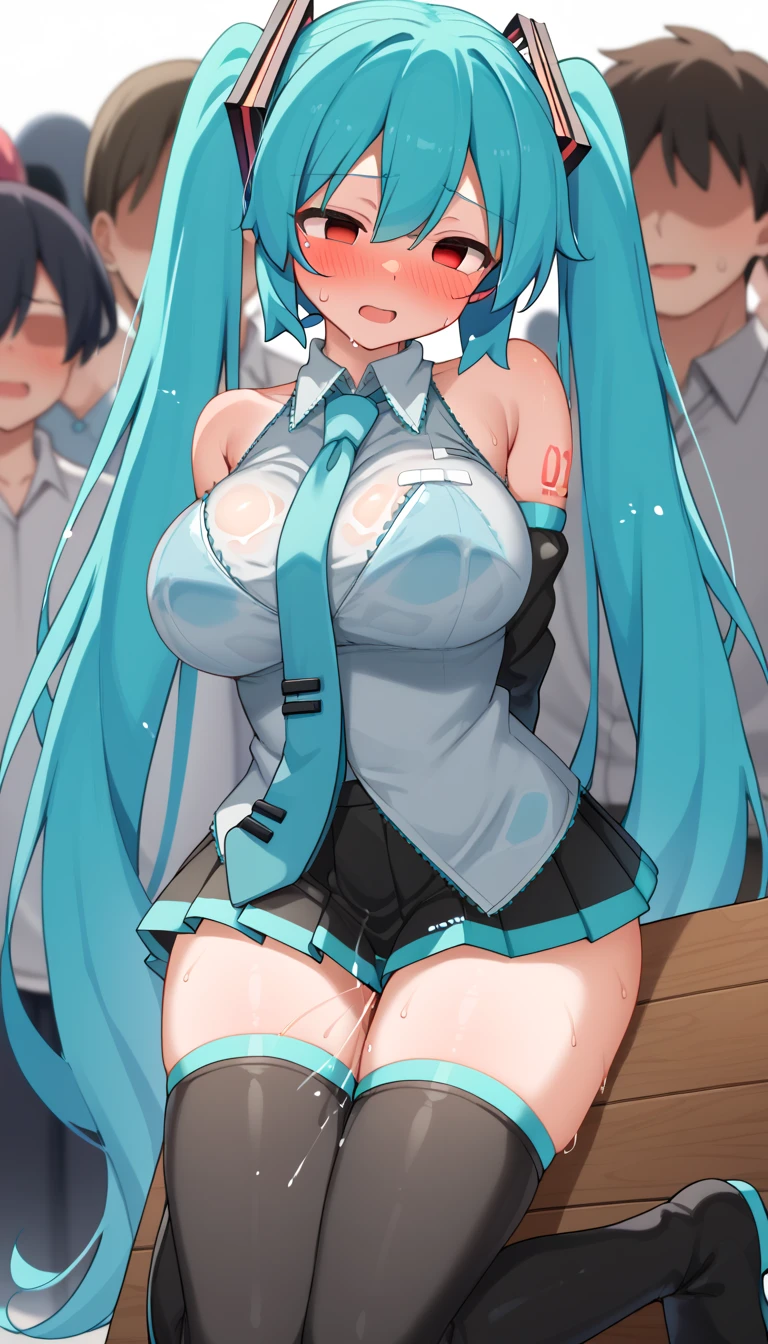 Young Hatsune Miku、Nurse uniform、Spread your legs、Pussy、Dripping a lot of thick white love juice、blush、Close your eyes and scream、Picking Pussy、Sweat、Intense masturbation、Intense masturbation、See-through clothing、(Huge breasts:1.4)、Striped bra