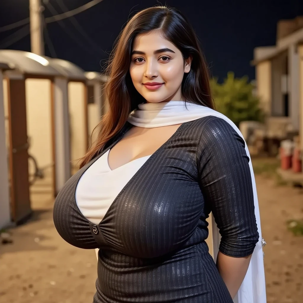 14 year old, female, Indian, light brown skin, curly short black hair, dense long black pubic hair, big expressive eyes, light brown pupil, very fat body, big fat belly, big fat thighs, big breasts, mini skirt, t shirt with large neck, cleavage, standing in a street