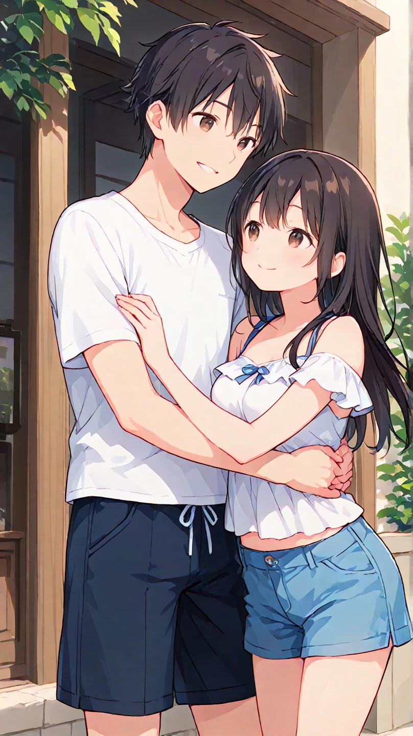 The upper part of the body、an oil painting、​masterpiece、top-quality、hight resolution、long brown hair、10years old girl，a 10 year old boy，２a person々 Gamine、Normal breasts，barechested，Couple hugging each other  ，On the rooftop