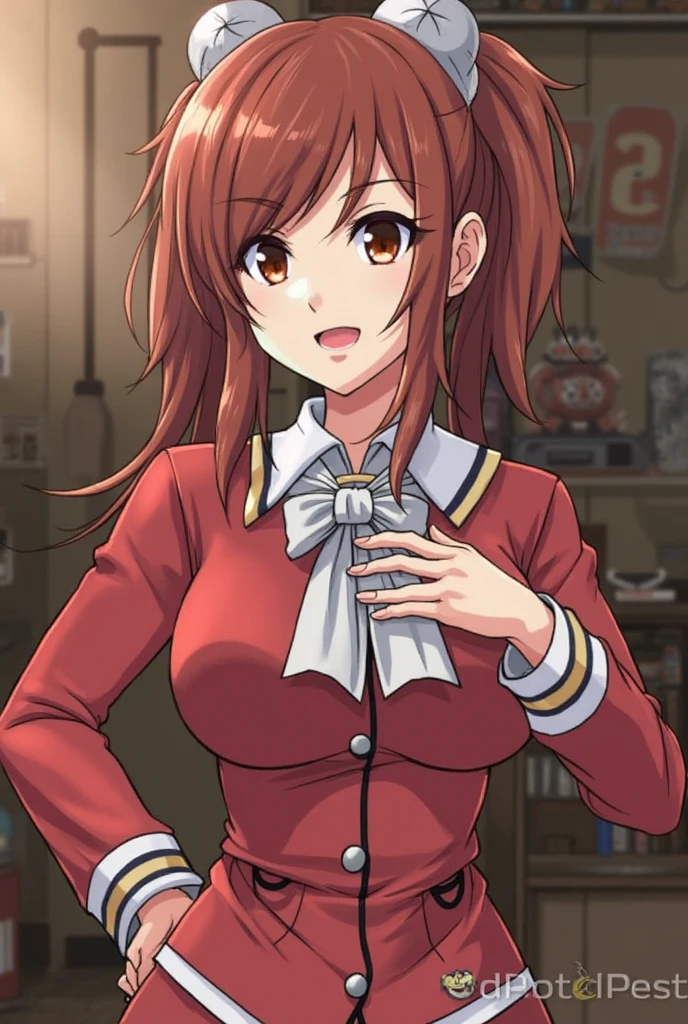 1woman, idol, long hair, brown hair, 20 years old, family restaurant clerk, uniform, smile, Obon, Undo fiveuniform buttons, show cleavage, bring your face close to here