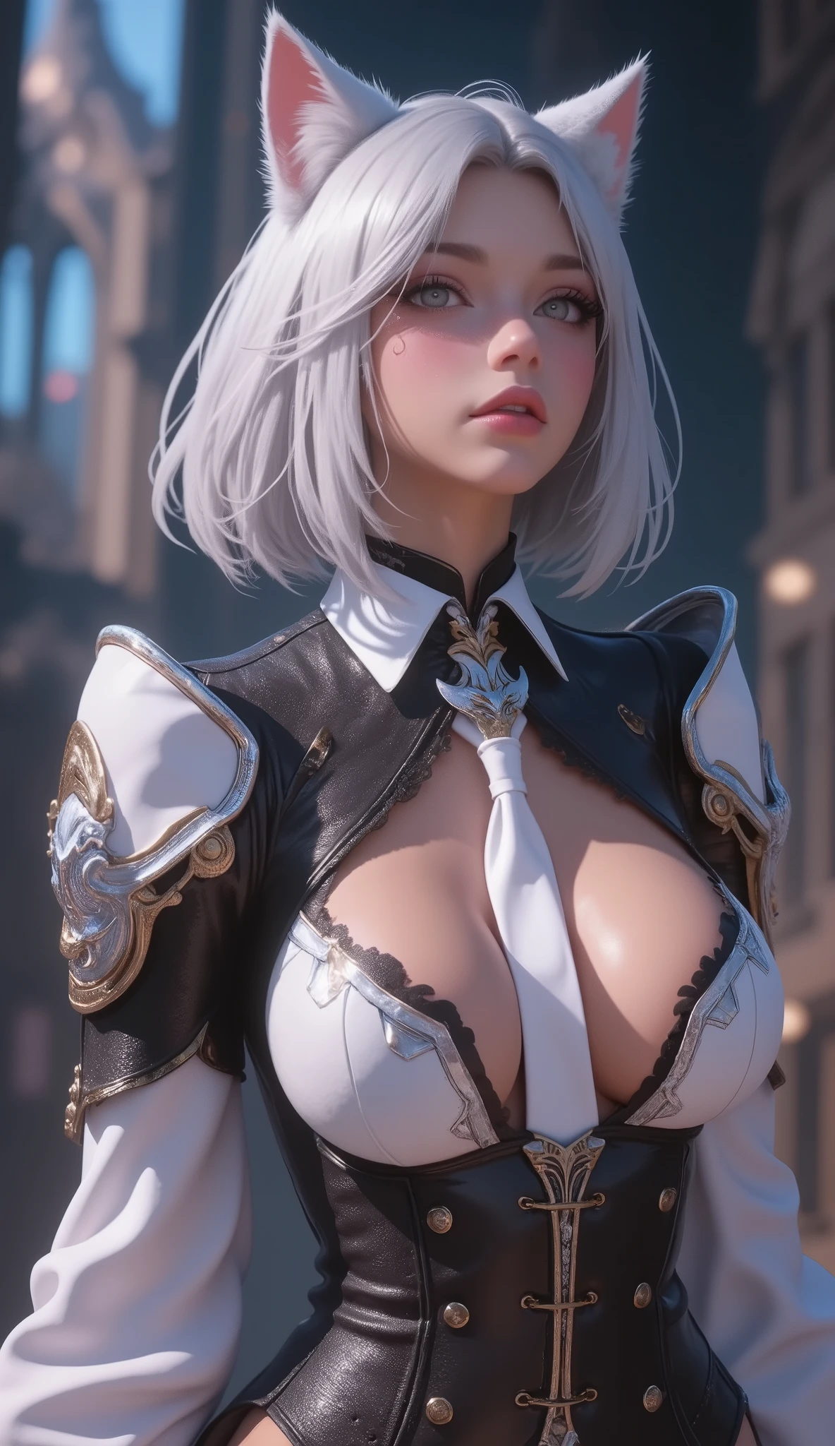 ((Close-up of a woman with tattoos on her chest)), girl, ((Short white hair with bangs, Black strands of hair)), Purple eyes, White T-shirt and white cape, Pendant around the neck. 超High resolution.Photorealistic. 超High resolution.Photorealistic:1.4,超High resolution. Realistic,High resolutionで, masterpiece, Highest quality, Very detailed, Better Shadows, Volumetric lighting), super high quality, High resolution, 8k, Ultra-Realistic Portraits , Photorealistic, Dynamic Lighting, Volumetric lighting, Very detailed顔,(NSFW:1.2),Large Breasts