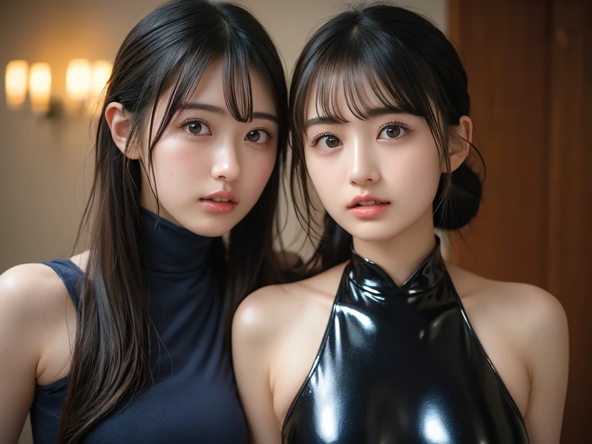 muste piece, best quality, (highest quality、8K、masterpiece:1.3)、ultra high resolution、Physically based rendering、(photorealistic:1.37)、beautiful two women with perfect bodies:1.4、slim abdomen:1.2、Highly detailed face and skin texture、 red cheeks、white skin、thin waist,thin legs、highest quality,very beautiful 20 year old girl, (cute:1.2),perfect shiny skin,((Precise hands without any discomfort)), brown hair,(wavy hair),(((upper body nude)))、big smile、(((Standing on a plateau)))、(((two women)))、((wet body))、necklace、(Black round glasses)、((I see Cheb))、(leather mini skirt)、(((leather jacket)))、((I can see the nipples))、((garter belt))