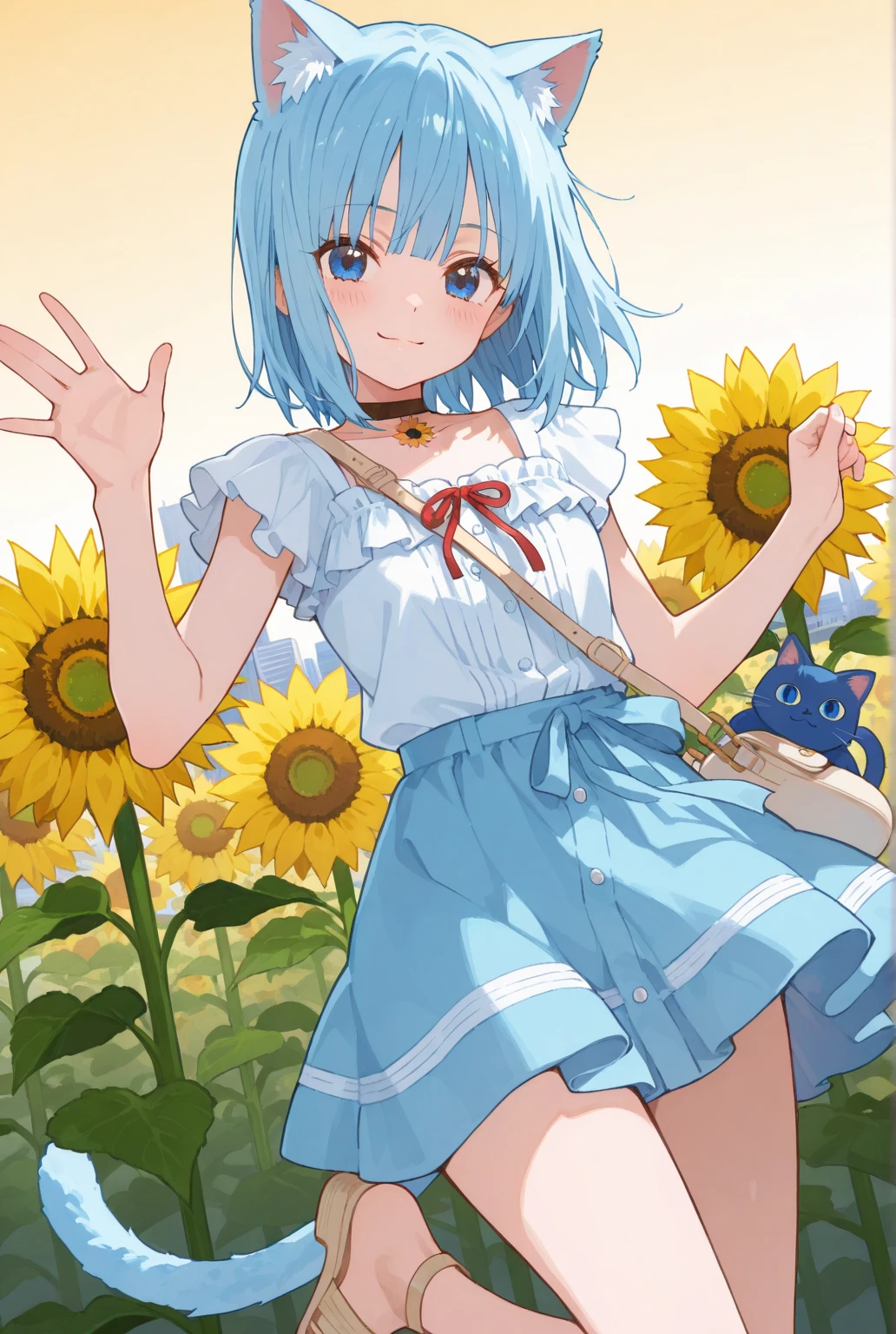 (masterpiece, 16k,8k,4k ,ultra detailed:1.2),(beautiful face:1.2),(anime:1.2),illustration,(solo:1.2),(looking at viewer:1.4),smile,portrait,(supermodel:1.3),(blue school uniform:1.3),(tight school uniform:1.3),(white hair),13yo,(simple choker:1.1),(lift skart:1.5),(yellow panties:1.3),(string,abs,smartphone,child,small breasts,petite:1.2),(sfw,nipple,flat chest,un dress,:1.5),(from below:1.3),(full body:1.2),(flower hair ornament),(multi view:1.3)