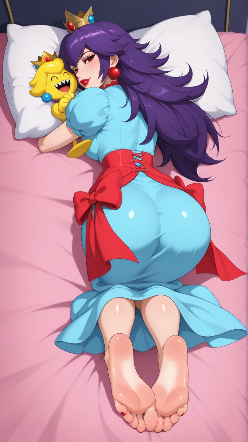 Anime woman enormous bloated expanding diaper, huge breast, gigantic butt,  sitting on a woman, in my bed, screaming, head tilted up, eyes closed, long pink hair, groping butt