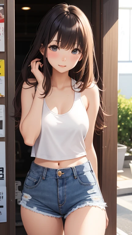 (masterpiece, Highest quality, Super detailed, High resolution, 4K),(Beautiful attention to detail),(Highly detailed face),(One girl),High resolution,Long Hair, Shorts, Telephone, Brown eyes, Brown Hair, cellTelephone, bracelet, Tank top, jewelry, clock, lips, Focus Only, Manicure, Blurred background, smile, wristclock, Realistic, Blurred, View your viewers