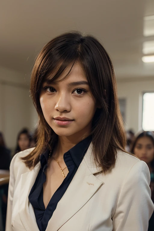 Screenshot of My hero academia. Girl with short wavy hair and white bangs. Brown eyes, white skin, wearing a UA uniform sitting at a table with a tired expression.