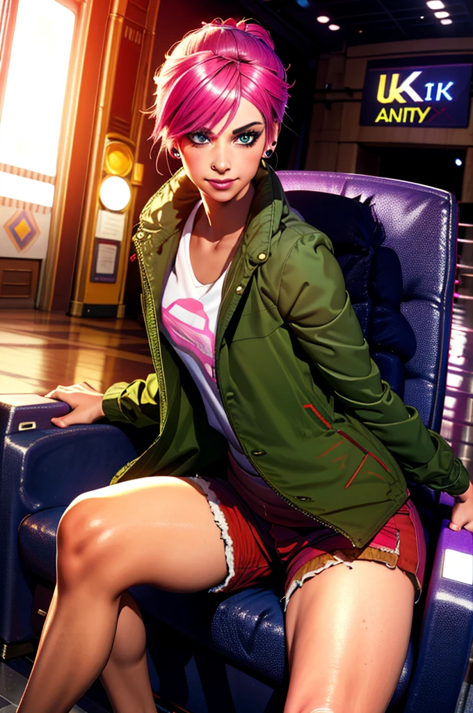 (In style of the 80s and 90s). anime female character, short colored hair, blue eye color, wearing sunglasses, short leather skirt, black tattoo on neck , in the hack room, digital painting "lighting": "dramatic red light, deep shadows", "resolution": "8K, ultra-detailed", (full length)