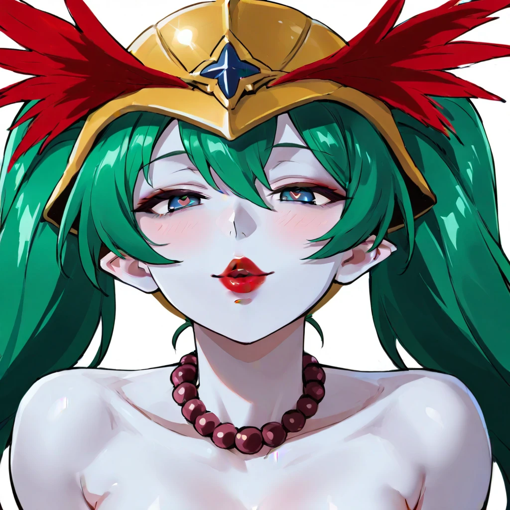 (masterpiece,best quality,ultra-delicate,Pすerfect Face,16k,high resolution,very beautiful girl),green hair ,huge gold star shape ornament in front of the crotch, large ,pale blue skin,red star shape nipple yellow helmet with red fur,red fur ornament with hip,smile,dancing