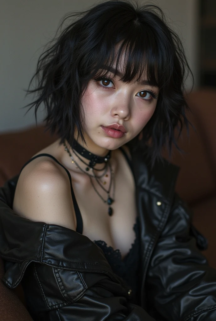 masterpiece,(best quality,top quality,8k),realistic,photorealistic,detailed eyes and face,young,18y,(1girl), brown eyes, black hair, messy hair, short hair, hair between eyes, goth, gothic, choker, (thick lips:1.2),soft smile, (black bikini), pretty girl, beauty skin, ultra high res, raw photo , detailed body ,(puffy eyes) ,good contrast , high sharpness,(gorgeous),realistic,RAW Photography,(hyperdetailed:1.2)