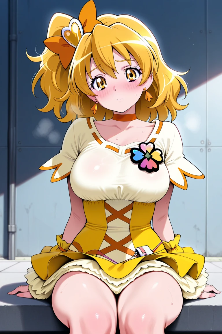 ((anime:1.45)),((best quality)), ((highly detailed)),(((sketch))) extremely detailed face, beautiful face,((1girl)),((solo)),shiny skin,full body,(tall body, tall, long legs, mature female, mature, adult),((cure pine:)),(precure),one side up,((short hair,)),((hair ribbon)),((short sleeves)), ((frills:1.25)),((orange sleeves:1.15)), ((orange choker)), ((yellow skirt,,)),,((yellow dress:1.35)) ((dress)),(( corset)),(( wrist cuffs)),((huge breasts:1.285)),((curvy:1.15)),((cleavage:1.25))
, ((pussy:1.35)),((nose blush:1.35)),,,(,smile:1.1)open mouth,((:o)),(looking at viewer),BREAK ((park ,bench:1.35)),((sit on bench:1.35)),((sitting:1.35))outdoors,,BREAK ((spread legs:1.55)), ,BREAK ((orange boots:1.15)),(arm behind back),,(arm behind back),,(arm behind back),,,(arm behind back),from below