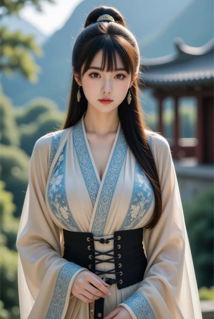 best quality, masterpiece, high resolution,8K,(Realistically:1.4),超high resolution,1 girl,(Super realistic skin maps), Extremely detailed, Surrealism, Highly detailed CG illustrations, Official Art, Movie Lighting, Practical, Young beautiful girl, Perfect body, Perfect body, Full view, Perfect body,Enjoy expressing,(Start from below:1.3), Sexy pose, confidence, Beautiful and sexy,Smiling at the camera,daytime,Natural light, (Gorgeous Chinese Hanfu,Exquisite and intricate headdresses and garments,Sexy lips, Half-length photo ,(Chinese ancient architecture background)