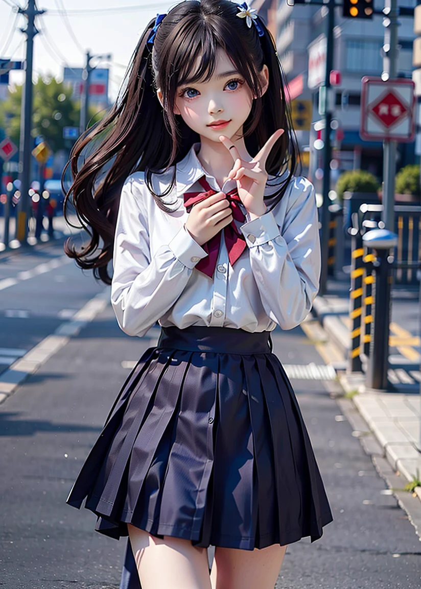 VSLINX_Orihime_Inoue, Dark brown eyes, ((Dark gray school uniform,red bowtie)), Medium breasts, white thighhighs, Superskirt, pantyshot, dark grey skirt, white kneehighs, school hallway, ((From the front side)), From above, Deep eyes, Detailed eyes, White panties, Smiling, Blushing, Slim legs, Detailed face, ((view the viewer)), Closed mouth, hair adornments, A high resolution, masterful, 8K wallpaper, Extremely detailed, Intricate, Hyper-detailed, hard lighting, Intricate details, Detailed eyes, eyes focus, (illustration:1.1), A high resolution, (Beautiful face:1.15), (((Masterpiece))), (Highest quality), ((Perfect face)), very deep eyes, (Cinematic lighting), Best quality, side lights, A high resolution, (Intricate details), detailed finger, Beautiful detailed eyes,Ray tracing,{Best quality}, {{Masterpiece}}, {A high resolution}, Original, Extremely detailed 8k wallpapers, {An extremely delicate and beautiful},incredibly_absurderes,Colorful,intricately details, Detailed skin, Detailed face, Ambient lighting, 8K resolution,Masterpiece, Sharp focus, 8K, Realistic, Highly detailed,Very delicate hair, very detail eyes,Intricate details,(Face focus:1.6)