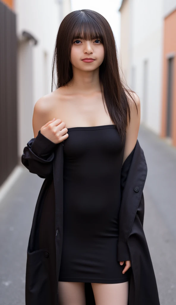 ((best quality)), ((masterpiece)), (detailed), perfect face realistic photo of beautiful woman with long dark brown hair, Russian, influencer, light freckles, dark brown eyes, big lips, no makeup, instagram, in a black dress standing in front of a gray background, inspired by Slava Raškaj, reddit, long luxurious gown, minimal bodycon feminine costume, with shoulder pads, trending on r/techwearclothing, clay, evening formal robes, elevation, assymetrical, skyline, jungle gown, elongated arms, chic, product photo, dark tone, dressed