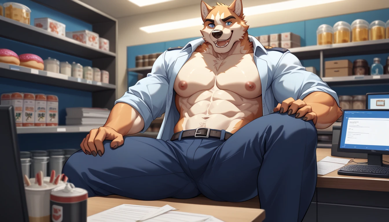 Masterpiece detailed portrait, male anthro german shepherd 1.3, open shirt, hard and very large penis, dick, erection, posted to e621, zaush, kenket, dramatic lighting, dominant, detailed, ruffled, aggressive, suggestive posing 1.2, sexy, seductive 1.3, seductive smile, lustful grin 1.3, aggressive, bedroom, on bed 1.2, male model, magazine