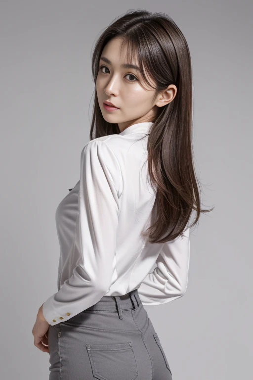 ((Best quality, 8k, Masterpiece :1.3)), Sharp focus :1.2, A pretty woman with perfect figure :1.4, Slender abs :1.2, ((Dark brown hair,breasts :1.2)), (white long formal shirt)(buttoning up his shirt.), grey background:1.2, Highly detailed face and skin texture, Detailed eyes, Double eyelid,fashion model posing,cowboy shot,white pants,drop shadow,