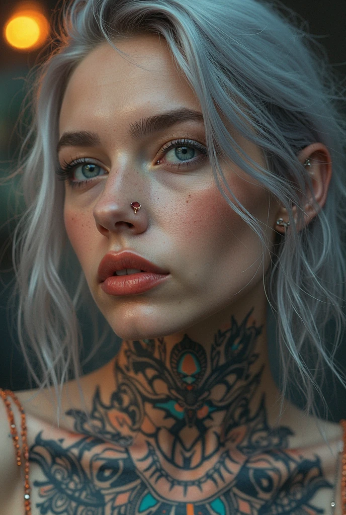 1 sexy lady with many tattoos standing solo, gray hair, full body shot, large bust and small face, sixpac abs best quality, ultra high res, photorealistic, naughty face, looking at viewer, torn bra, torn pantyhose, both arms down ,oily skin, wet, ultra-detailed, navel piercing, sexy tattoos, beautiful detailed eyes, beautiful detailed lips, beautiful detailed fingers, body paint, in the darkrooms, sexy underwear, blue lipstick