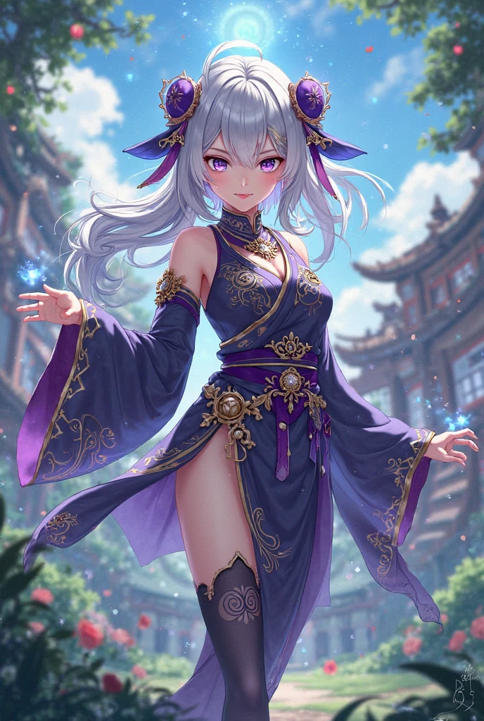 4K,high resolution,a woman,white hair,short ponytail,wolf ears,Wolf's tail,blue eyes,huge breasts,Empress of ancient China,Bright purple cheongsam,Chinese royalty