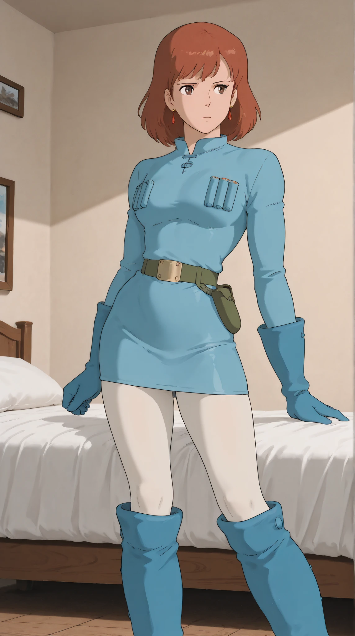 zPDXL, maddie fenton, dlt, dltoon style, cartoon_style, 1girl, thick thighs, mom, gloves, seductive look, circular breasts, brown hair, looking at mirror, purple eyes, blue jumpsuit, ghost hunting gear, bobcut hair, thin waist, solo, huge ass, massive hips, buttocks facing viewer, butch hartman style, flat colors, cartoon eyes, black pupils
